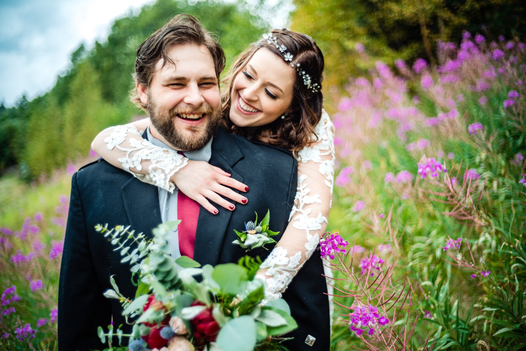 Bride and Groom in a field of Fireweed, Moose Pass, Alaska