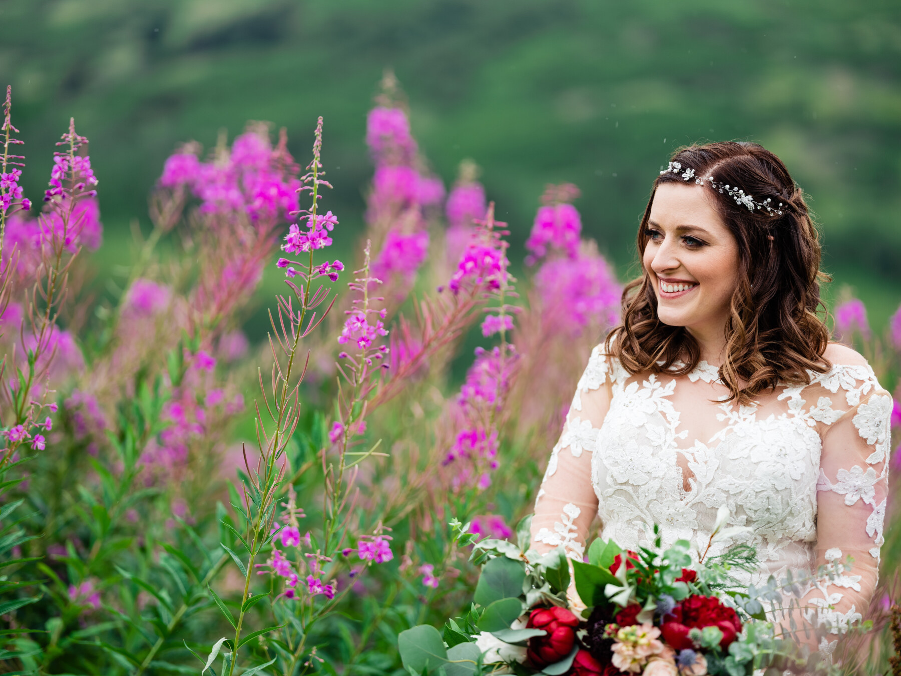 Bride in a field of Fireweed in Moose Pass, Alaska