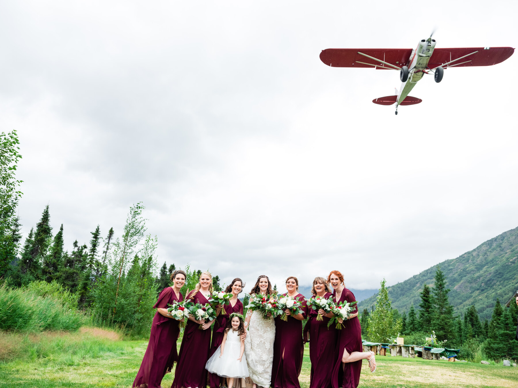 Bridal Party with plane flying overhead in Moose Pass, Alaska